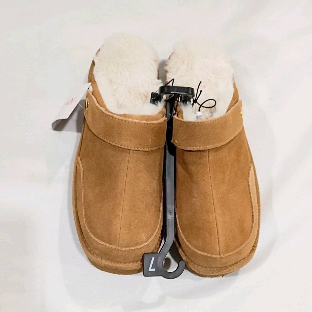 JOYSPUN Faux Suede Clog Slippers Brown Fur Trim Button Women's Size 7